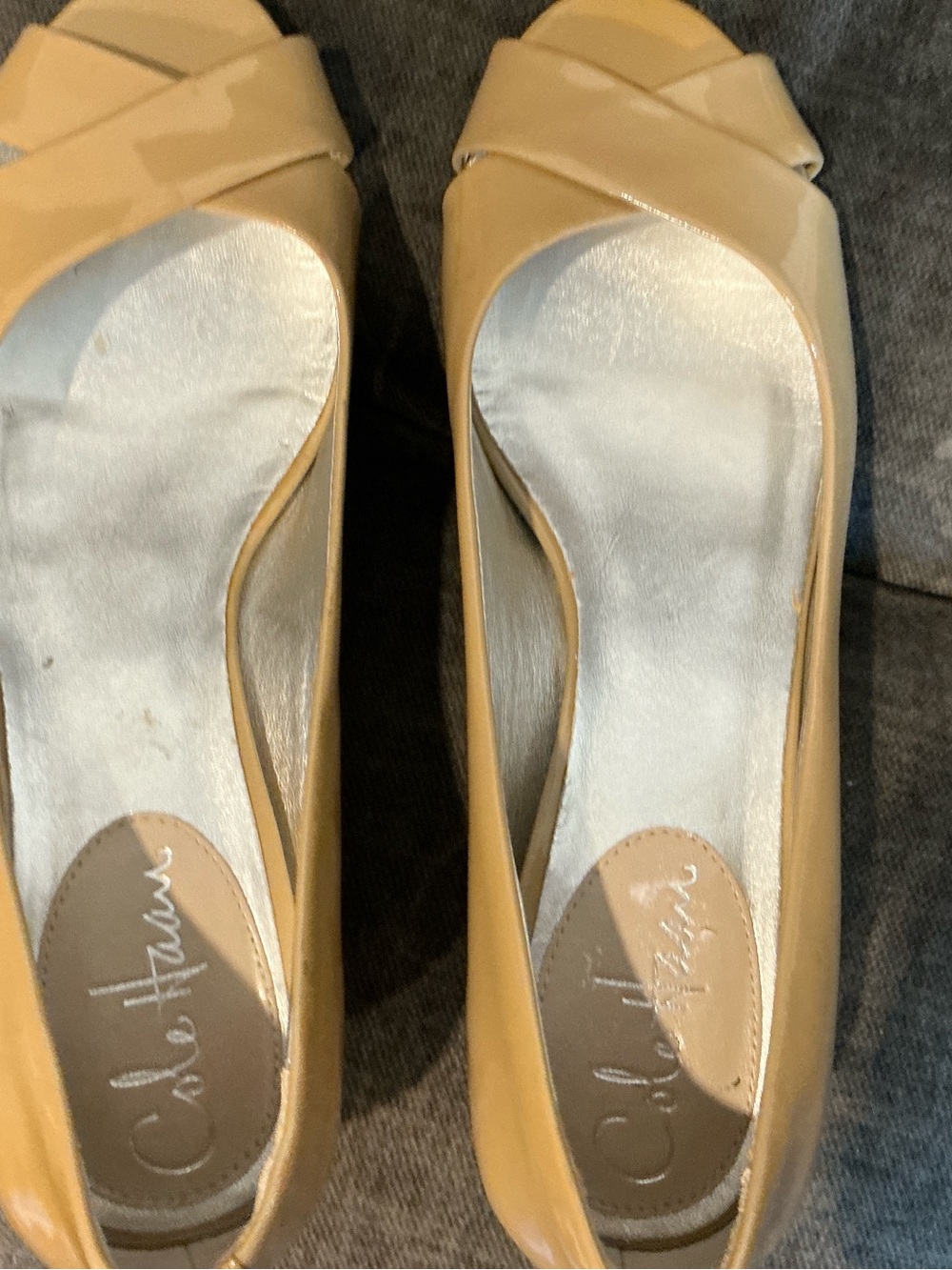 Cole Haan Beige Patent Peep-Toe Heels